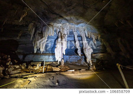 Limestone cave of stalactite and stalagmite formations, Gruta da Lapa Doce Cave, Chapada Diamantina in Bahia, Brazil. 106858709
