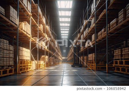 Rows of shelves with boxes in modern warehouse Rows of shelves with boxes in modern warehouse 106858942