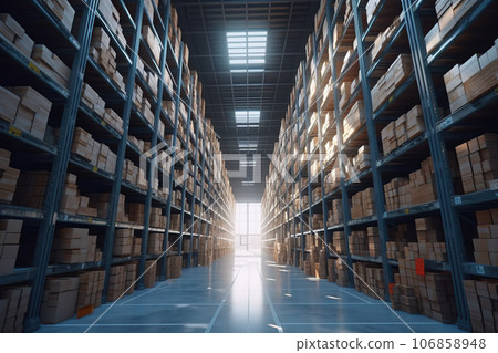 Rows of shelves with boxes in modern warehouse - Stock Illustration ...