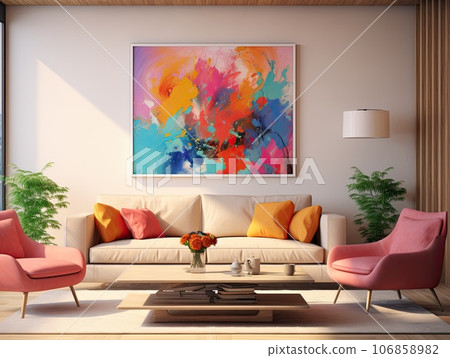 Vibrant colorful elegant modern living room with wooden table and abstract picture on the wall 106858982