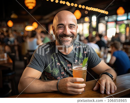 Lifestyle portrait of a cheerful chunky smiling mid aged man guy holding a cocktail, crowded bar in the background Lifestyle portrait of a cheerful chunky smiling mid aged man guy holding a cocktail, crowded bar in the background 106858985