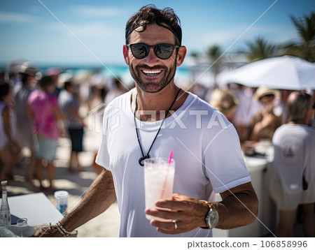 Lifestyle portrait of a cheerful chunky smiling mid aged man guy holding a cocktail, crowded bar in the background Lifestyle portrait of a cheerful chunky smiling mid aged man guy holding a cocktail, crowded bar in the background 106858996