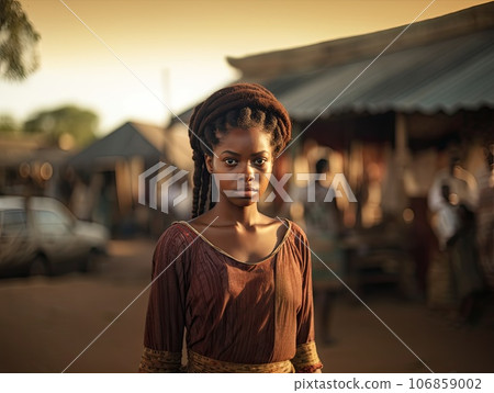 Atmospheric portrait of a beautiful tired weary looking young girl from Africa 106859002