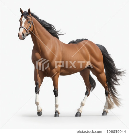 Beautiful bay stallion isolated on white background Beautiful bay stallion isolated on white background 106859044