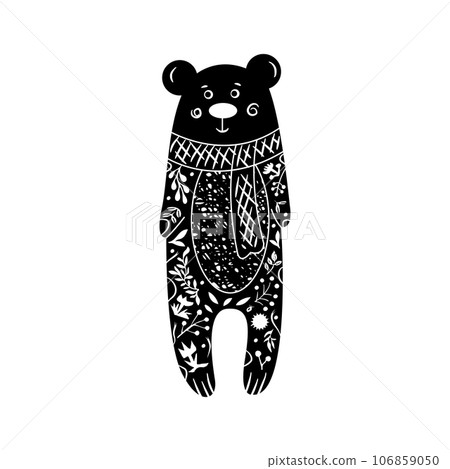 Bear black and white illustration with white floral elements. Cute cartoon character. Linocut style. 106859050