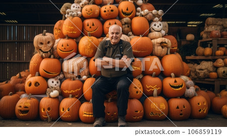 A man stands behind a pile of Halloween pumpkins 106859119