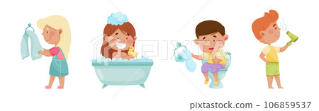 Kid Characters in the Bathroom Washing and Grooming Vector Set Kid Characters in the Bathroom Washing and Grooming Vector Set 106859537