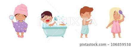 Kid Characters in the Bathroom Washing and Grooming Vector Set Kid Characters in the Bathroom Washing and Grooming Vector Set 106859538