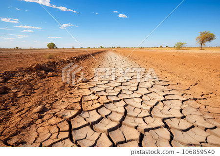 Dry river bed among parched terrain. Effects of climate change, desertification and droughts Dry river bed among parched terrain. Effects of climate change, desertification and droughts 106859540