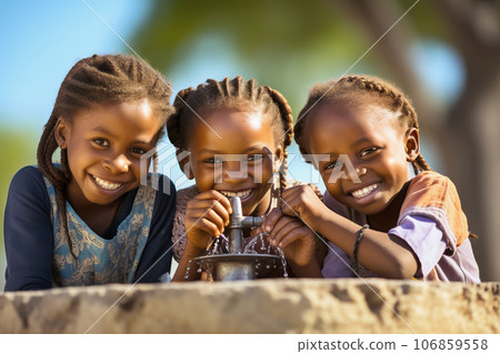 African children enjoy clean water and stretches out his hands to tank with fountain of clean water. African children enjoy clean water and stretches out his hands to tank with fountain of clean water. 106859558