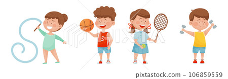 Happy Children Characters Playing Sport Game Vector Set 106859559