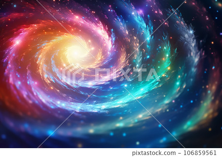 Abstract Iridescent spiral swirl made of shining particles. Sparkling galaxy spinning in dark space 106859561