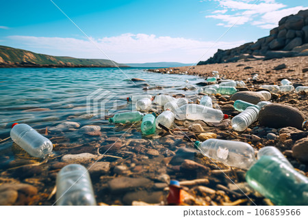 Garbage from dirty plastic bottles on ocean shore. Environmental pollution. Ecological problem 106859566