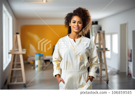 Portrait of beautiful multiracial house painter female in renovation room. Decoration and improvement interior. Portrait of beautiful multiracial house painter female in renovation room. Decoration and improvement interior. 106859585