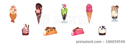 Sweet Ice Cream Dessert as Frozen Cool Summer Treat in Glass with Topping Vector Set 106859598