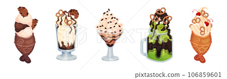 Sweet Ice Cream Dessert as Frozen Cool Summer Treat in Glass with Topping Vector Set 106859601