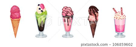 Sweet Ice Cream Dessert as Frozen Cool Summer Treat in Glass with Topping Vector Set Sweet Ice Cream Dessert as Frozen Cool Summer Treat in Glass with Topping Vector Set 106859602