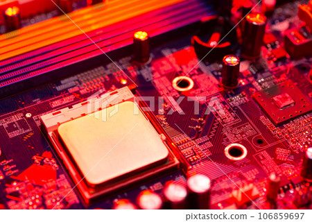 Motherboard close-up with contacts, desktop PC. Computer technology hardware components background Motherboard close-up with contacts, desktop PC. Computer technology hardware components background 106859697