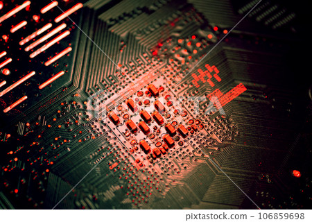 Motherboard close-up with contacts, desktop PC. Computer technology hardware components background 106859698