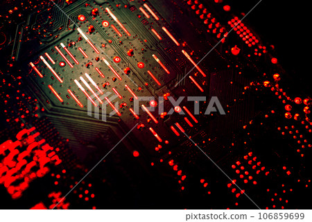 Motherboard close-up with contacts, desktop PC. Computer technology hardware components background Motherboard close-up with contacts, desktop PC. Computer technology hardware components background 106859699