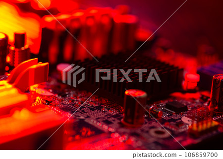 Motherboard close-up with contacts, desktop PC. Computer technology hardware components background Motherboard close-up with contacts, desktop PC. Computer technology hardware components background 106859700
