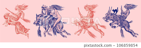Witch flies with a broom and a dog, a goat and a boar. Ancient mythical Magic characters set 106859854
