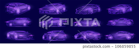 Futuristic sport car. Neon concept. Glowing electric virtual control. Traffic on a road Futuristic sport car. Neon concept. Glowing electric virtual control. Traffic on a road 106859855