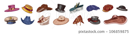 Hats vintage collection for elegant men, woman, female and ladies. Fedora Derby Deerstalker Homburg 106859875