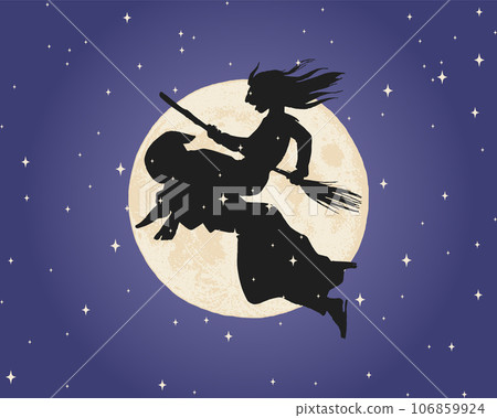 Witch flying over the moon in the night sky.... - Stock Illustration ...