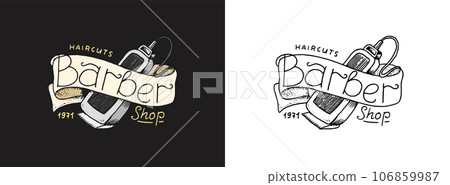 Hair clipper and ribbon. Barber shop badge and label, logo and hipster emblems. Haircut of beard and Hair clipper and ribbon. Barber shop badge and label, logo and hipster emblems. Haircut of beard and 106859987