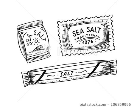 Sea salt in the package. Wrapped Spice in natural boxing. Flavoring or saline. Vintage background 106859996