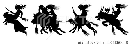 Witch flies with a broom and a dog, a goat and a boar. Ancient mythical Magic silhouette. Engraved 106860038