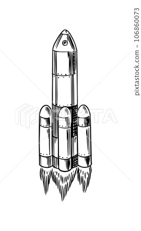 Rocket launching to the sky. Space shuttle takes off. Astronomical astronaut exploration. Engraved Rocket launching to the sky. Space shuttle takes off. Astronomical astronaut exploration. Engraved 106860073
