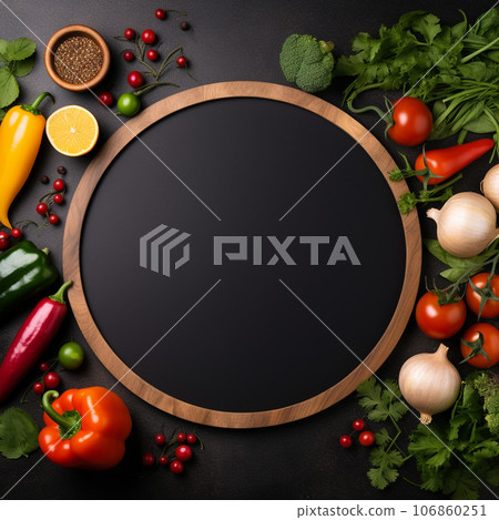 Top view of vegetables around blackboard on the table 106860251
