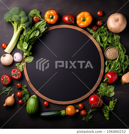 Top view of vegetables around blackboard on the table Top view of vegetables around blackboard on the table 106860252