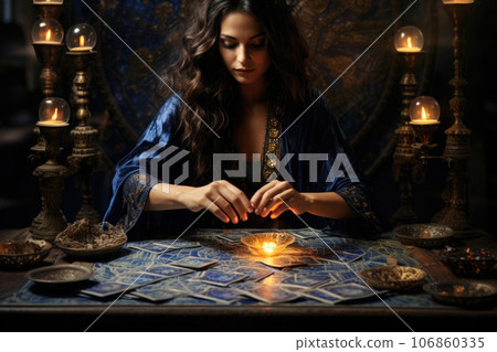 Fortune teller reads tarot cards. Generative AI 106860335