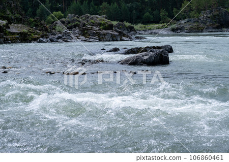 A wide, full-flowing mountain river with a fast current. Large stones stick out of the water. The large turquoise-colored mountain river Katun in the Altai Mountains, Altai Republic. A wide, full-flowing mountain river with a fast current. Large stones stick out of the water. The large turquoise-colored mountain river Katun in the Altai Mountains, Altai Republic. 106860461