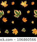 Pattern. Leaves. Autumn pattern of autumn leaves. Watercolor illustration on a black background. Handmade botanical illustration. Seamless texture with leaves. for design, textiles, packaging 106860566
