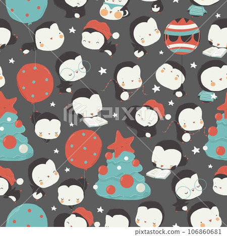Seamless Pattern with Happy Penguins Characters celebrate New Year, decorate Xmas Tree and give Gifts Seamless Pattern with Happy Penguins Characters celebrate New Year, decorate Xmas Tree and give Gifts 106860681