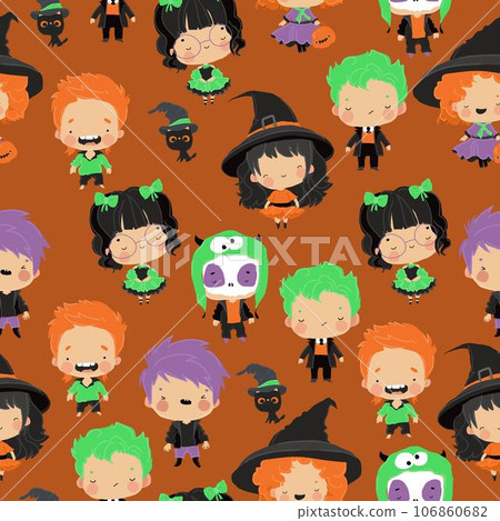 Seamless Pattern with Cute Children in Colorful Halloween Costumes Seamless Pattern with Cute Children in Colorful Halloween Costumes 106860682