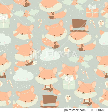 Seamless Pattern with Cute Cartoon Set of Foxes... - Stock Illustration ...