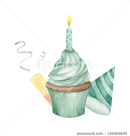 Watercolor mint color cupcake with candel ,birthday hat anf confetti for birthday design Watercolor mint color cupcake with candel ,birthday hat anf confetti for birthday design 106860698