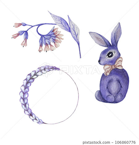 Set of watercolor illustrations of bunny, frame and flower 106860776