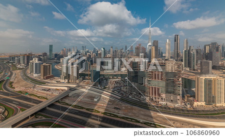 Panoramic skyline of Dubai with business bay and downtown district morning timelapse. 106860960