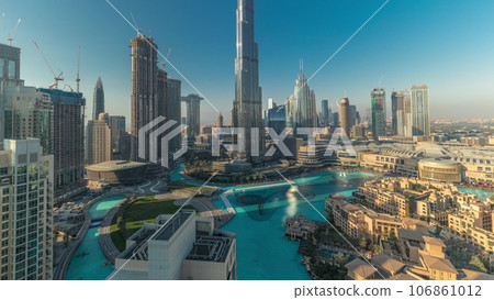 Aerial view of Dubai city all day timelapse in downtown. 106861012