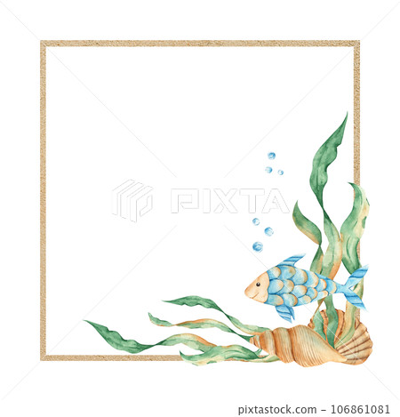 Marine square frame, sand texture with cute fish, seaweeds, red starfish, seashells and water bubbles. Underwater world. Watercolor hand drawn illustration for children. For cards, logos, marine 106861081