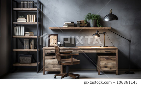 Industrial-style home office with a reclaimed wood desk Design, a metal bookshelf, AI Generated Industrial-style home office with a reclaimed wood desk Design, a metal bookshelf, AI Generated 106861143