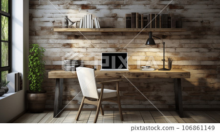 Industrial-style home office with a reclaimed wood desk Design, a metal bookshelf, AI Generated 106861149