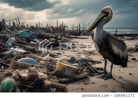 Pelican covered in oil among litter and pollution on seashore - Generative AI 106861171
