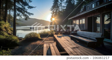 Wooden Country House on the Banks of the River at Sunset - Generative AI Wooden Country House on the Banks of the River at Sunset - Generative AI 106861217